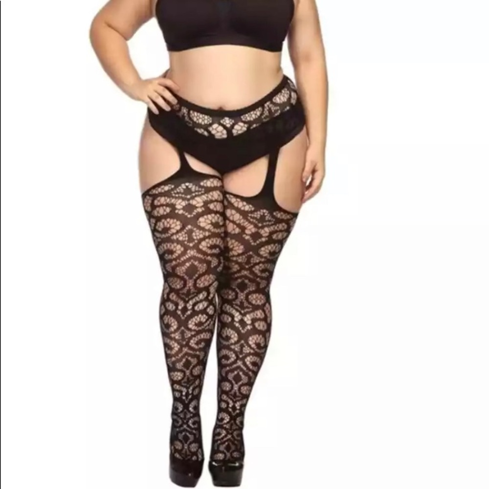Sexy Plus Size Garter Fishnet Stretch Black Tights